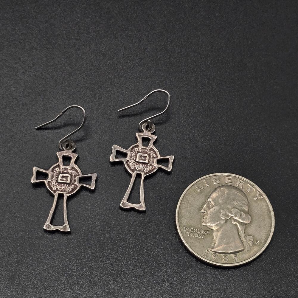 Sterling SIlver Cross Earrings Dangle Drop Pierced 925 - Picture 9 of 10